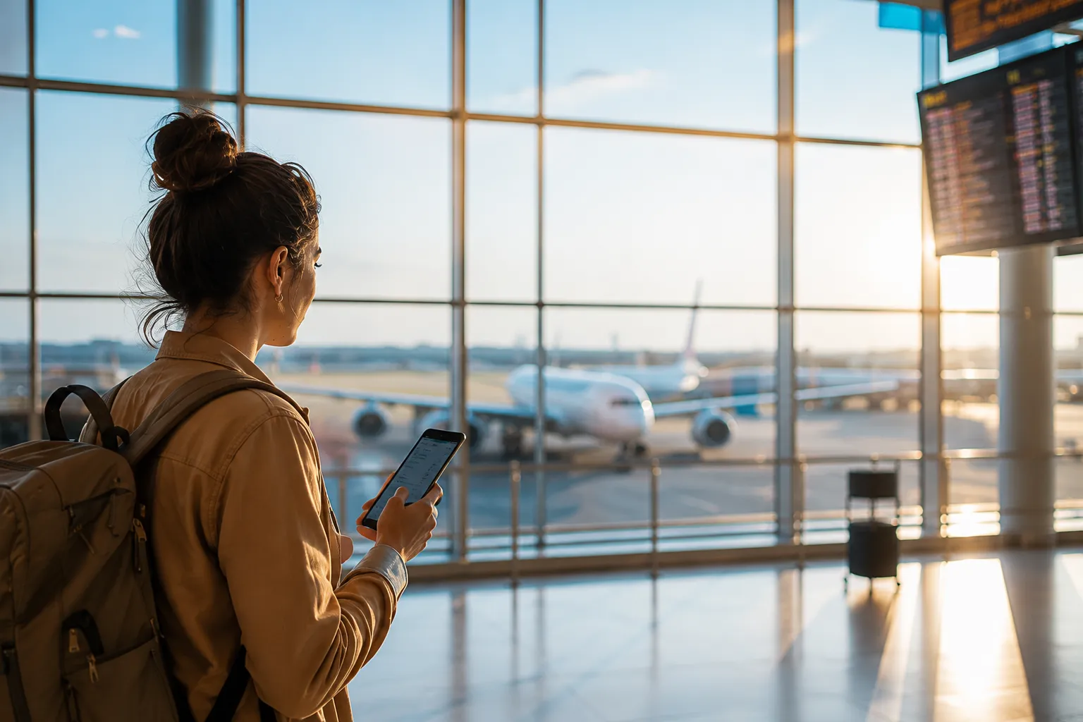 Traveler checking their trip details at the airport