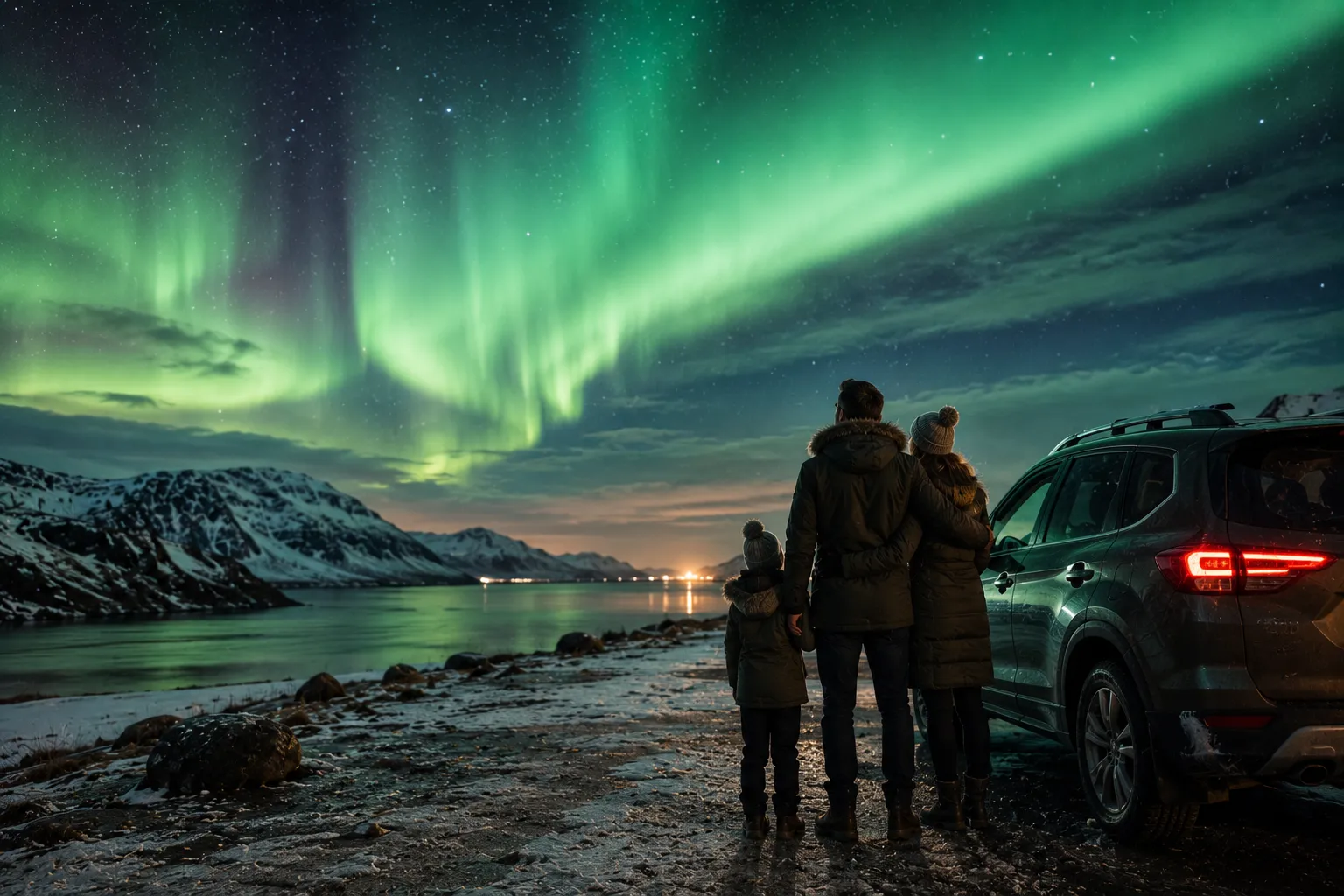 A family under the northern lights