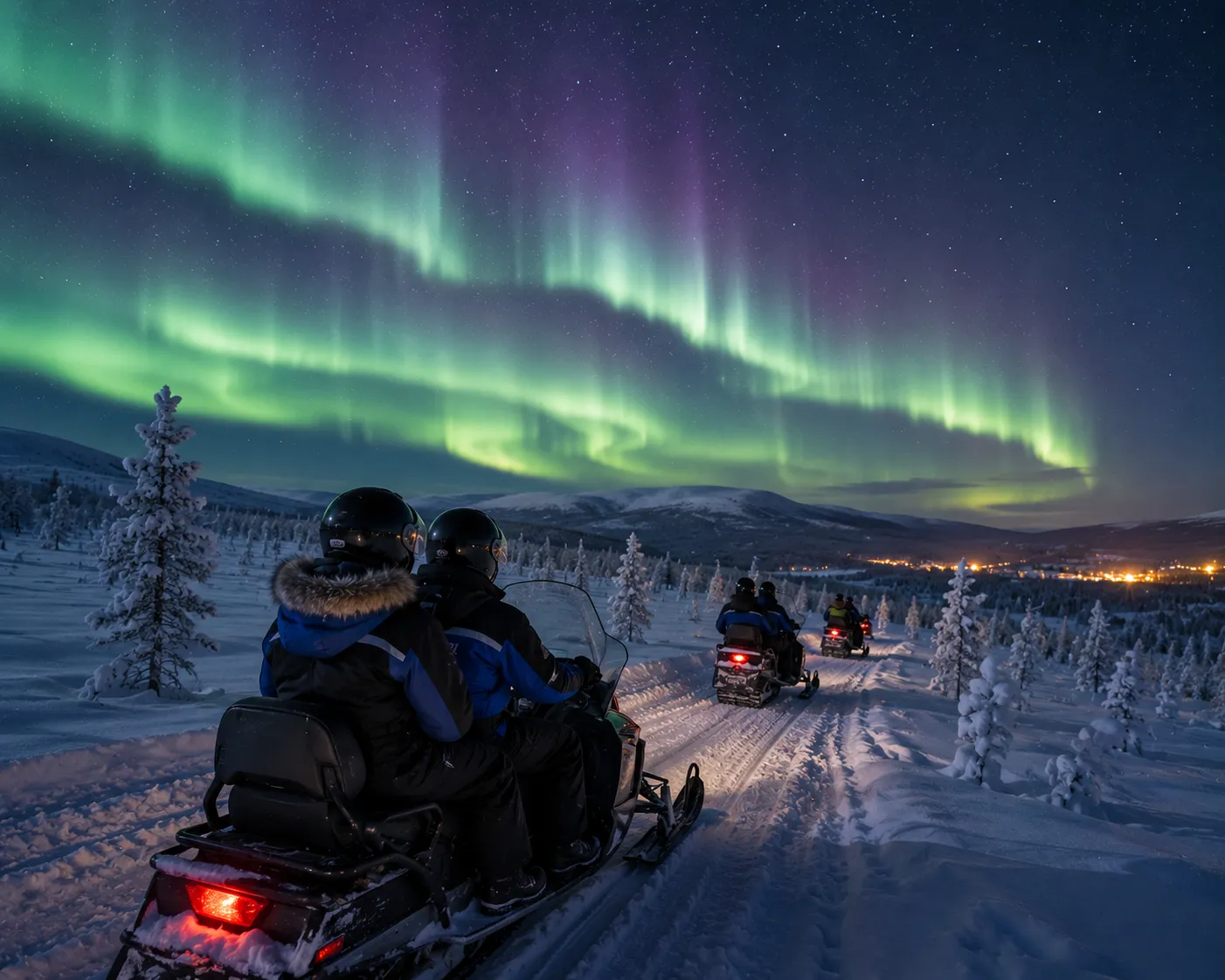 A snowmobile tour under the northern lights