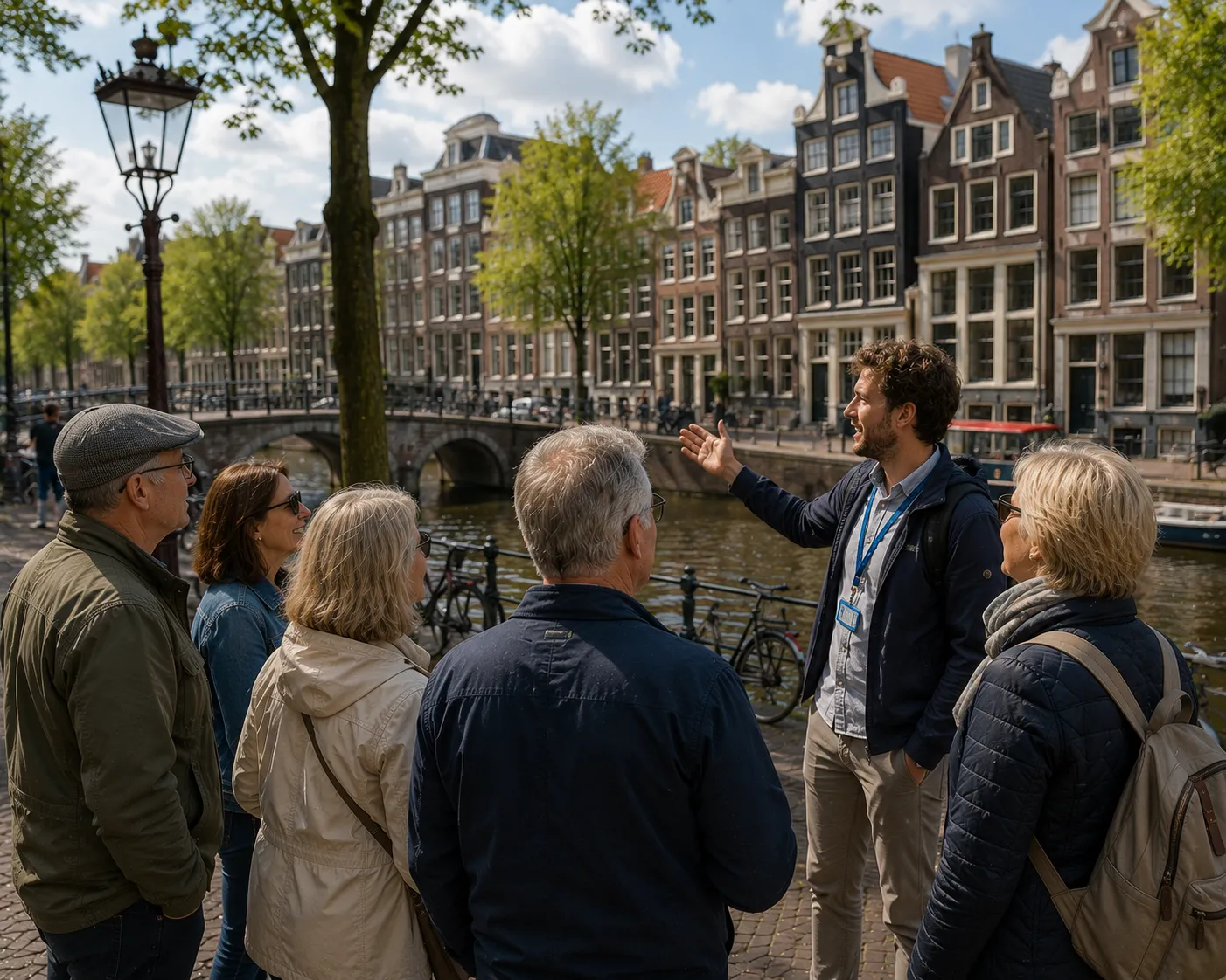 A guide leading a group along an Amsterdam canal