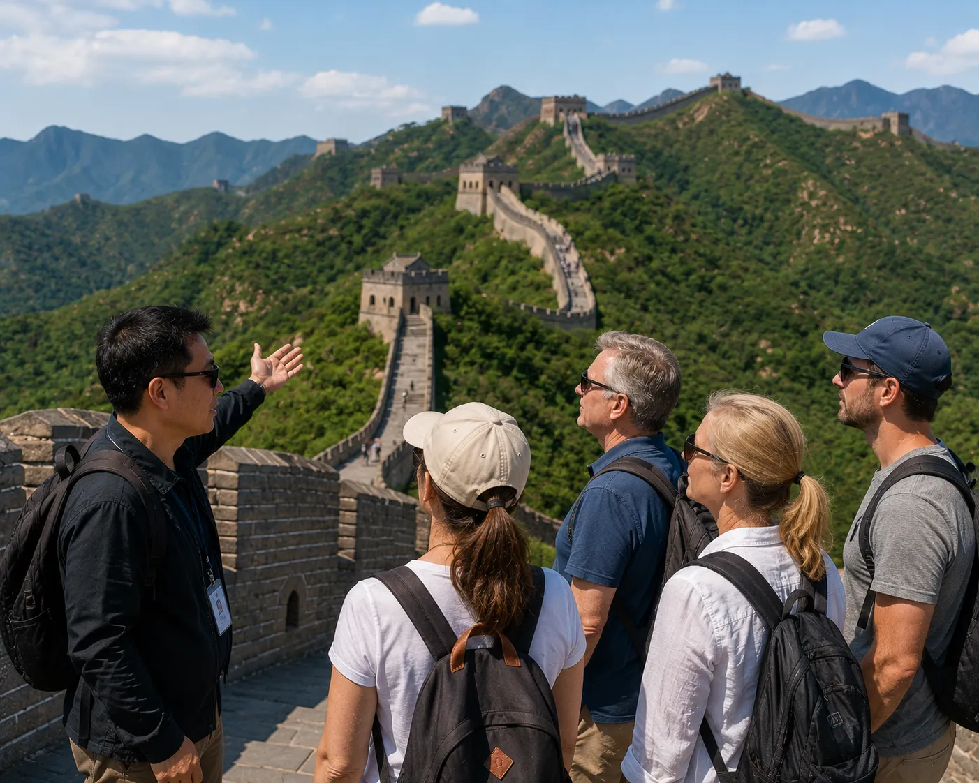 A guide with a group at the Great Wall of China