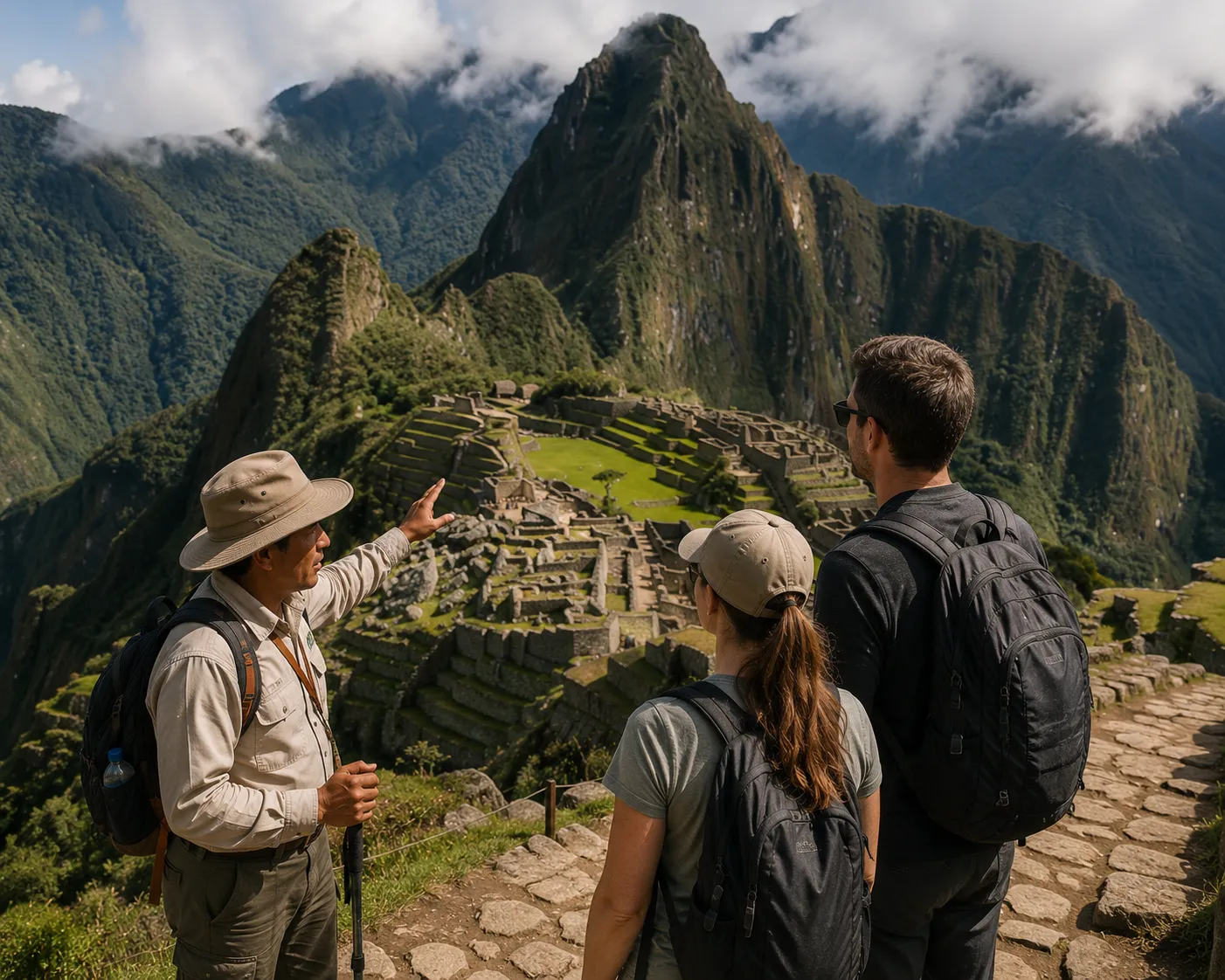 A guide showing travelers Machu Picchu