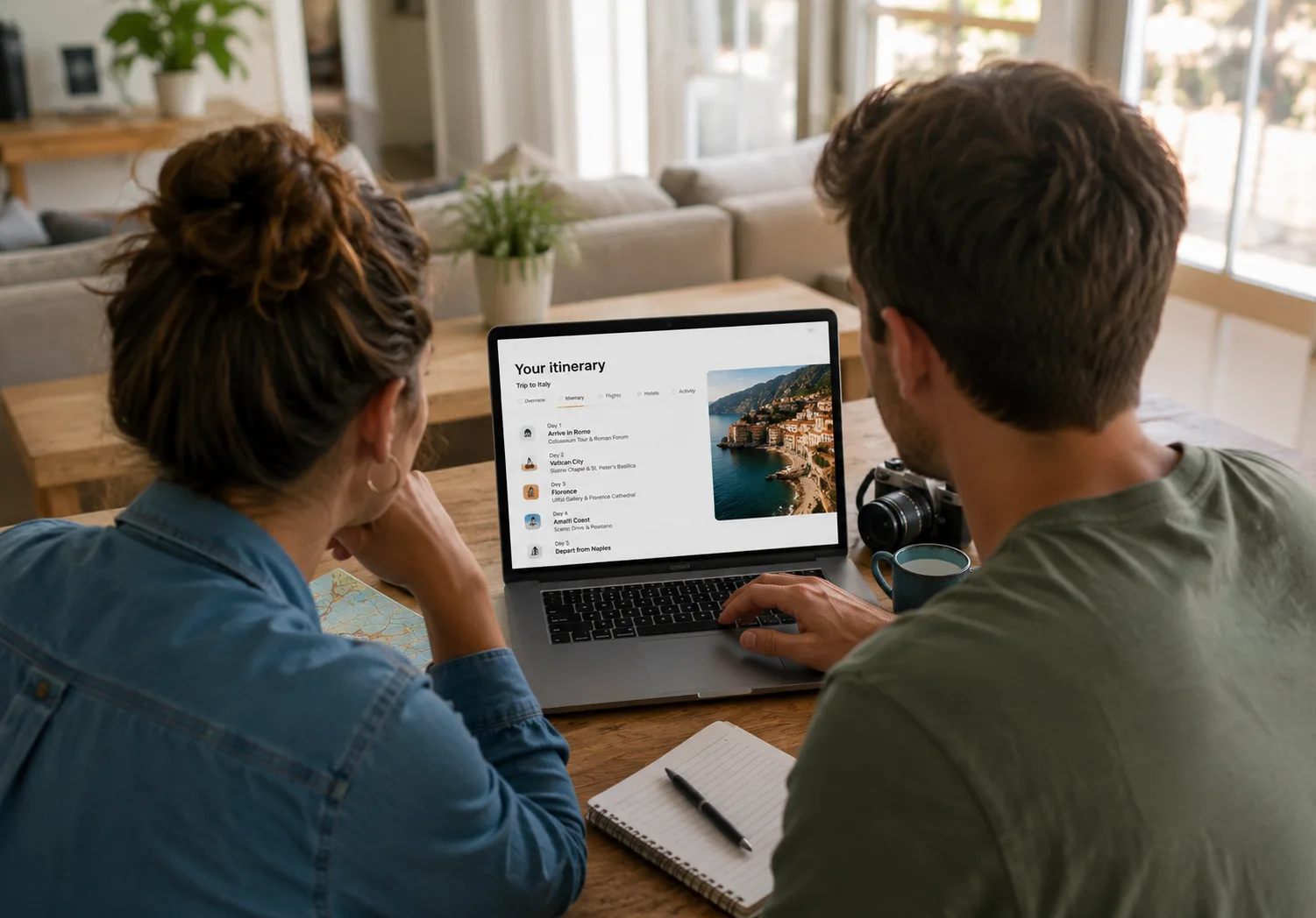 A couple reviewing their travel itinerary on a laptop