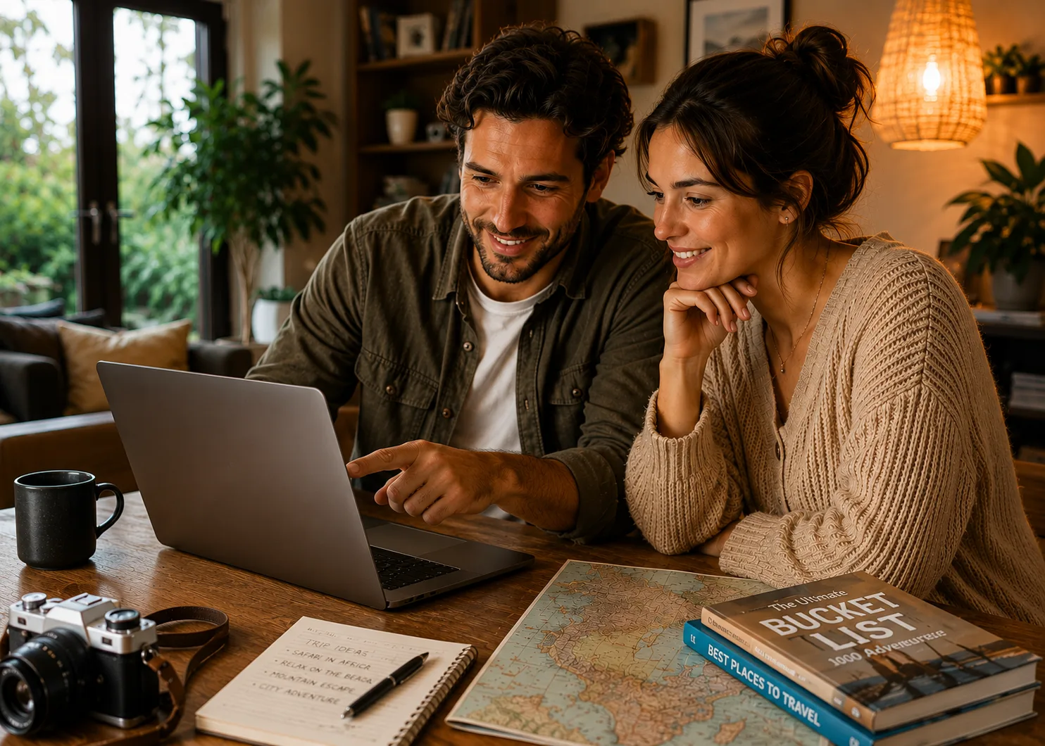 A couple planning a trip on a laptop with a map and travel books