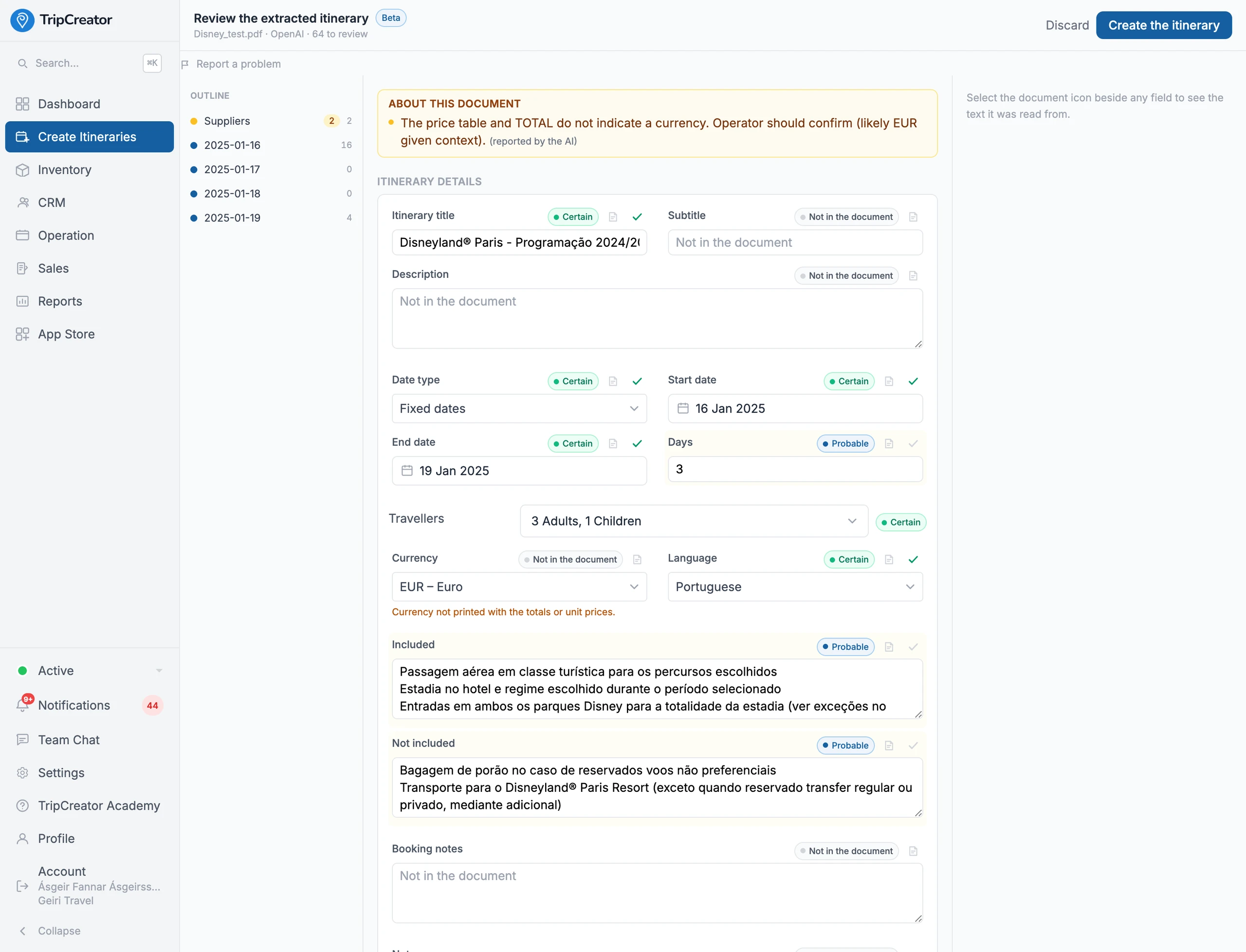 The TripCreator Import-with-AI review screen — a document's extracted itinerary with per-field confidence markers (Certain / Probable), source citations back to the original text, and an AI note flagging what to confirm before creating.