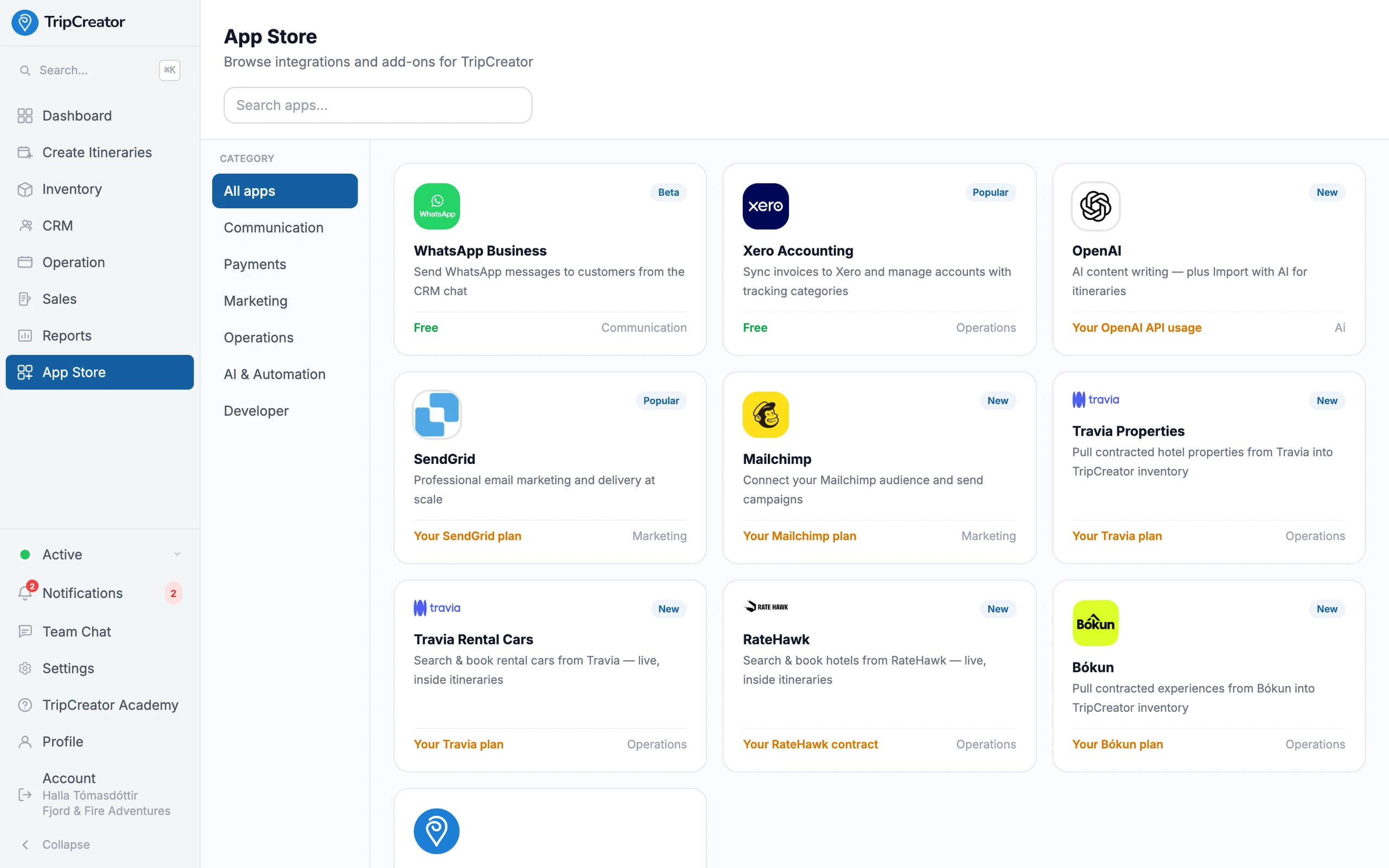 The TripCreator in-product App Store — a grid of integration cards (WhatsApp, Xero, RateHawk, Bókun, Mailchimp and more) organised by category.