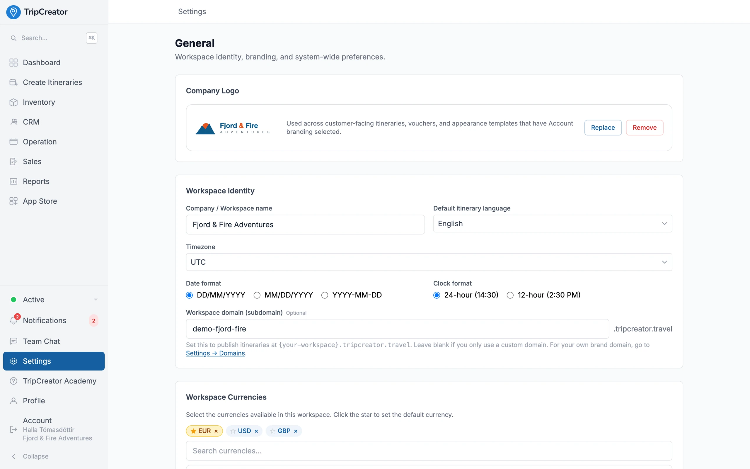 TripCreator branding settings — company logo, workspace identity, custom domain and currencies for a fully white-labelled experience.