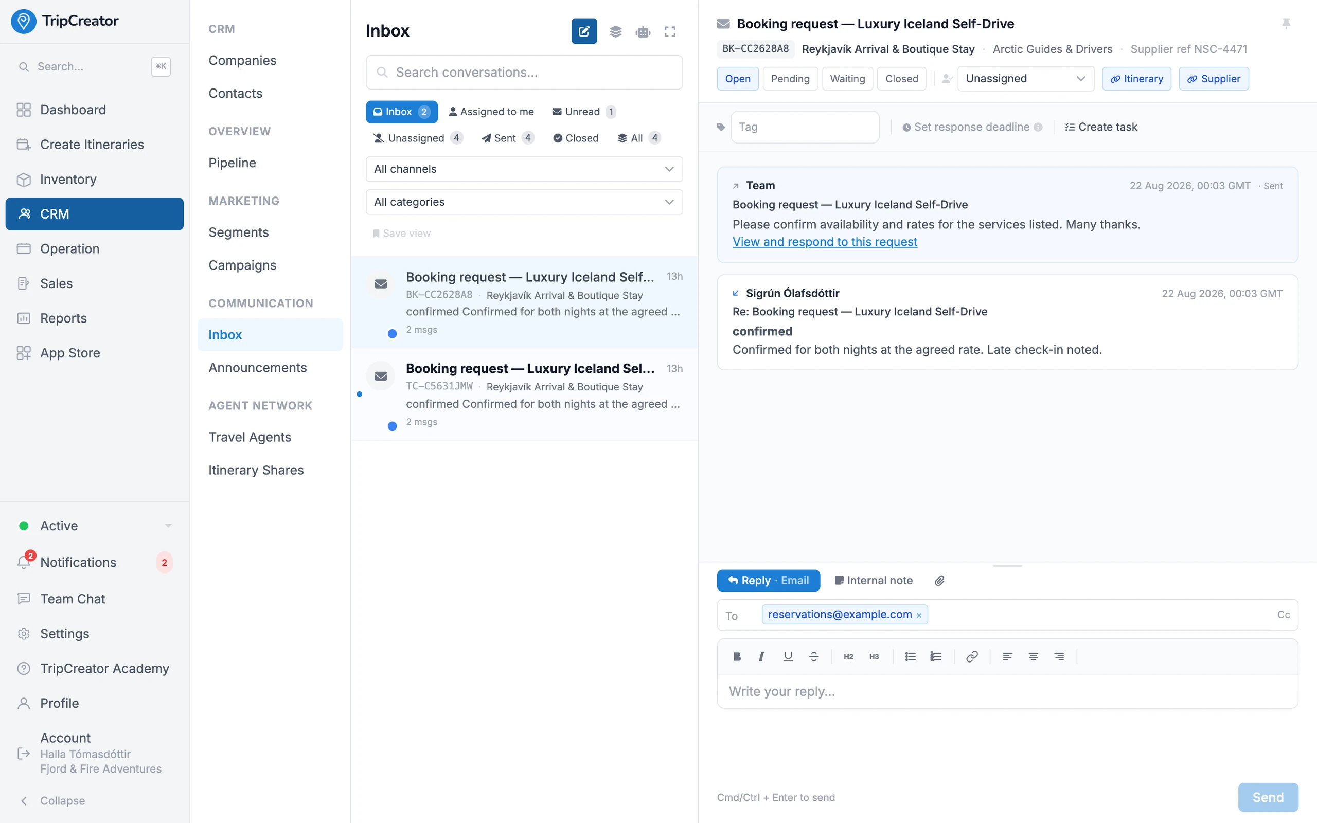 The TripCreator unified inbox — supplier and customer conversations in one list, an open thread with reply composer, statuses and the linked itinerary.