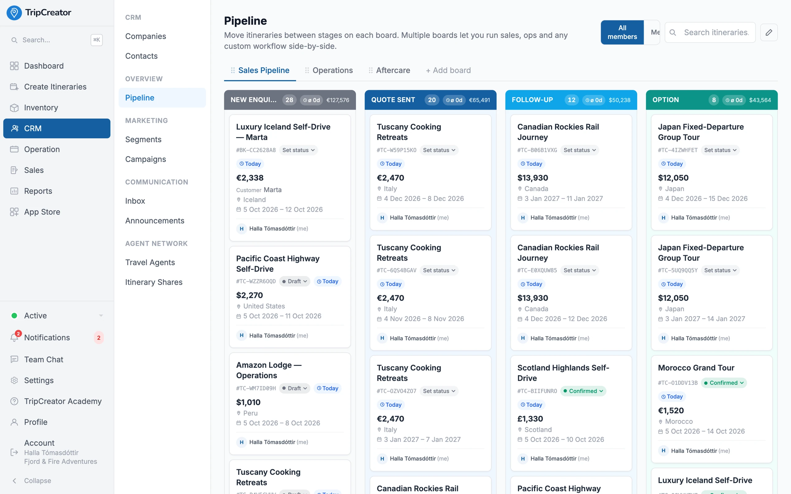 The TripCreator CRM pipeline board — deals across New Enquiry, Quote Sent, Follow-up and Option stages, each card showing the trip, value, destination and dates.