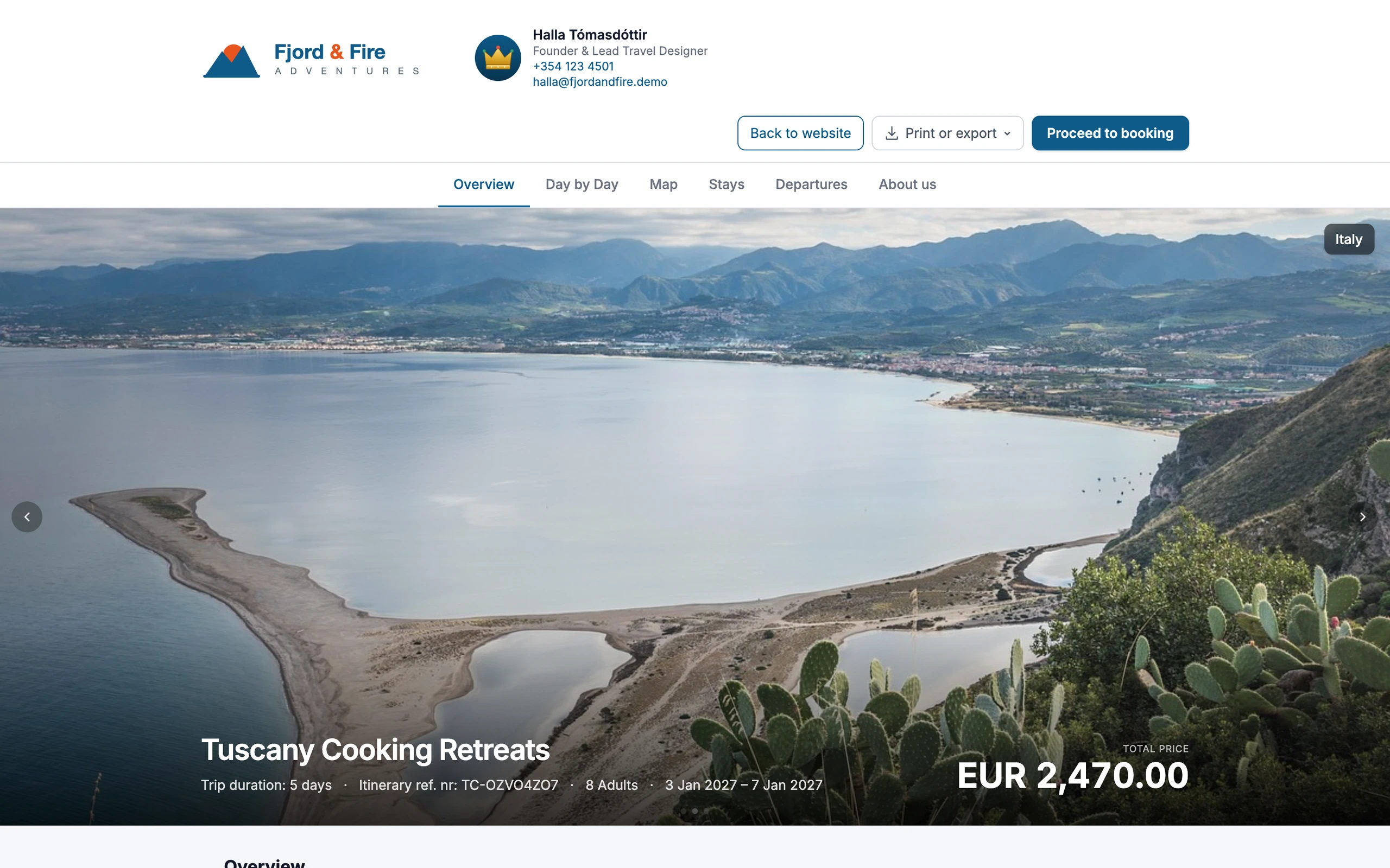 The TripCreator customer booking view — a branded itinerary with day-by-day, map and stays tabs, total price and a Proceed to booking action.