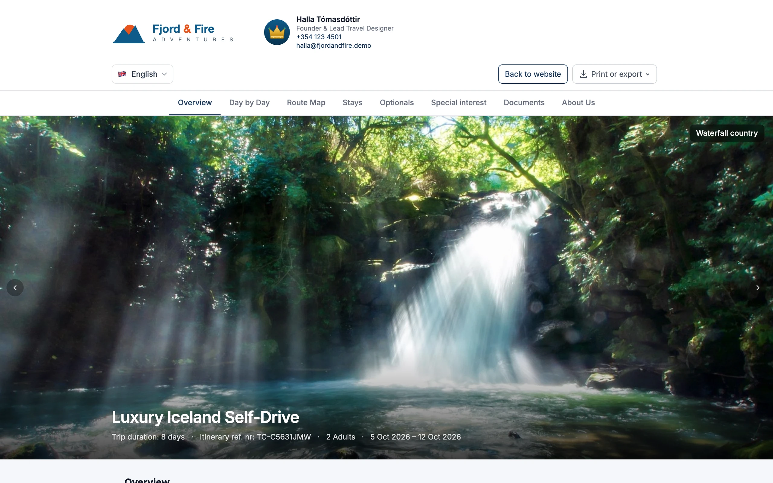 A branded destination itinerary showcase in TripCreator with no pricing — a press/fam-trip style itinerary on the DMO's own domain: hero imagery, day-by-day, route map and stays, and no booking or prices.