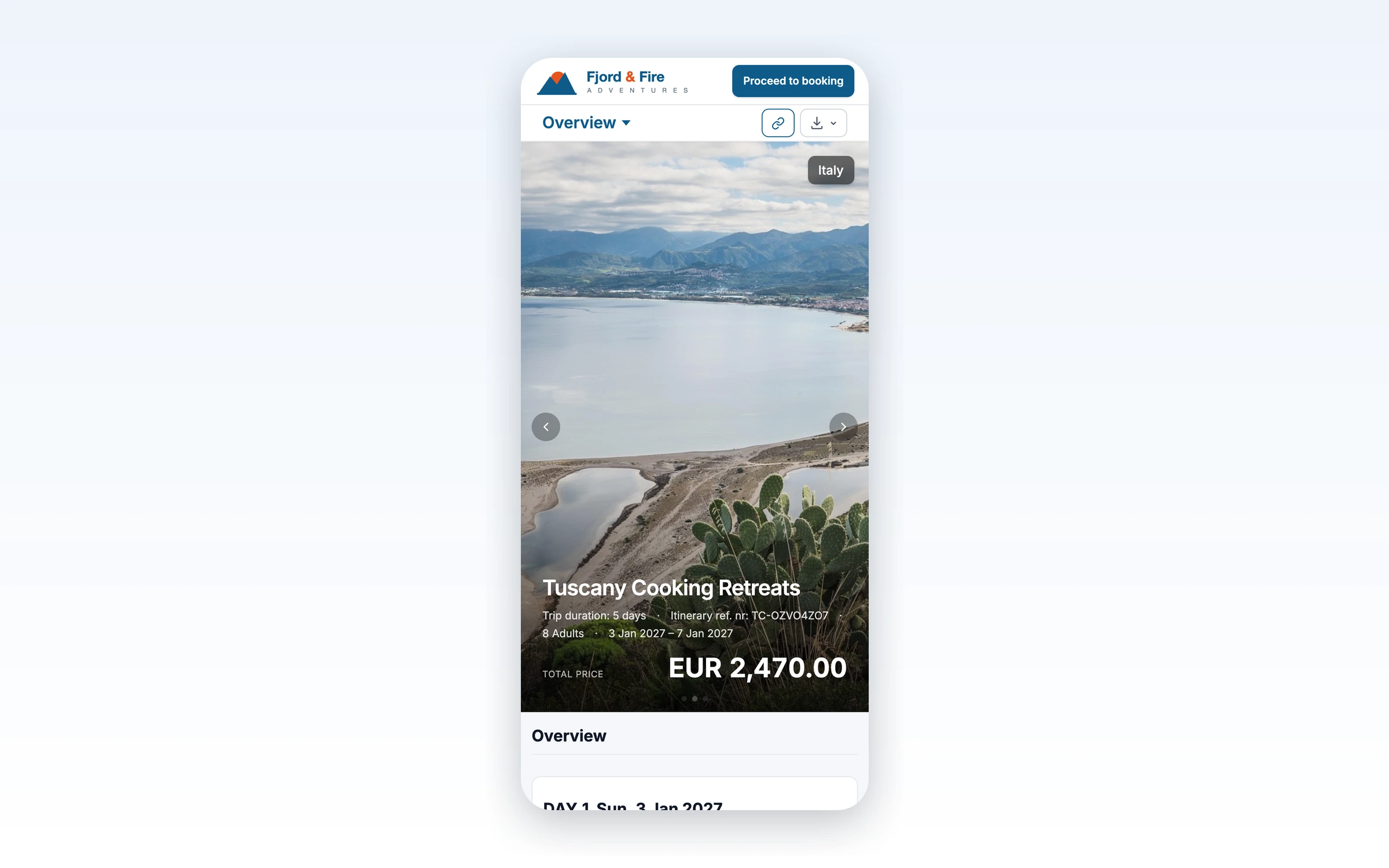 The TripCreator mobile traveller experience — a fully branded itinerary on a phone with hero imagery, trip summary, total price and a proceed-to-booking action.
