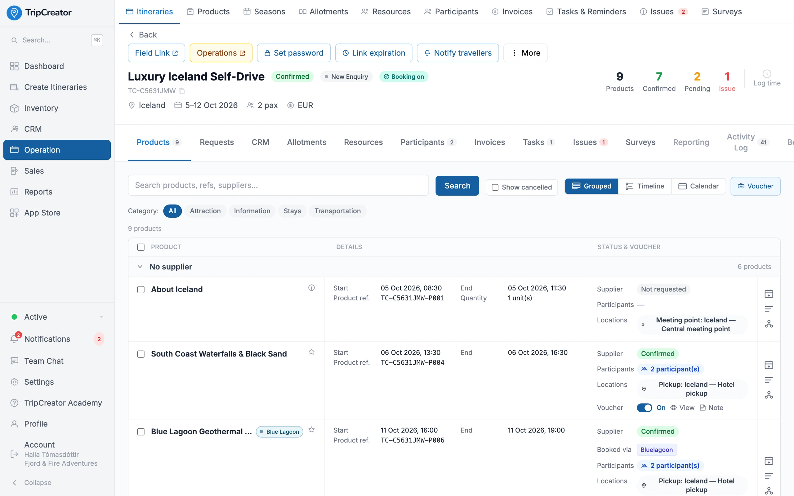 The TripCreator operations view for an itinerary — products grouped by supplier with confirmation status, vouchers, participants and pickup locations.