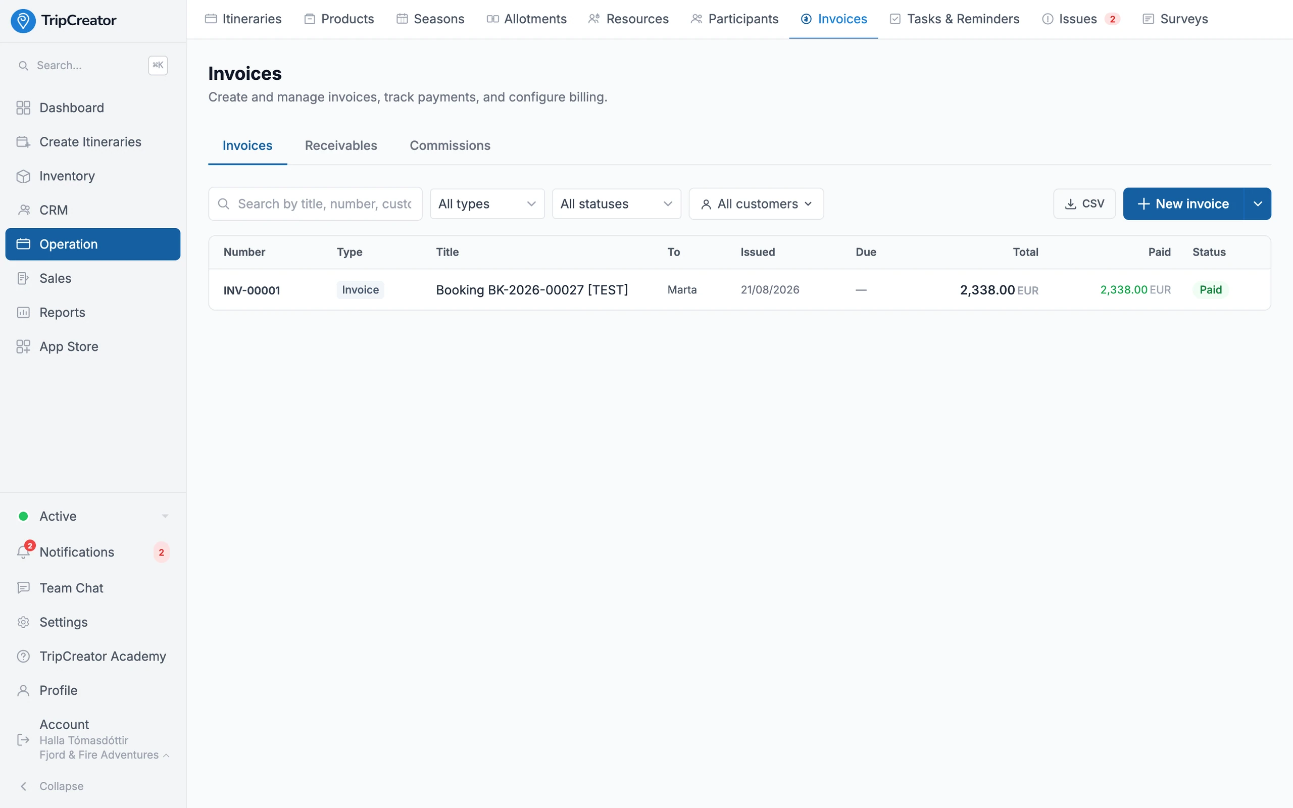 The TripCreator invoicing view — invoices with type, customer, totals, amount paid and status (Invoices / Receivables / Commissions tabs).