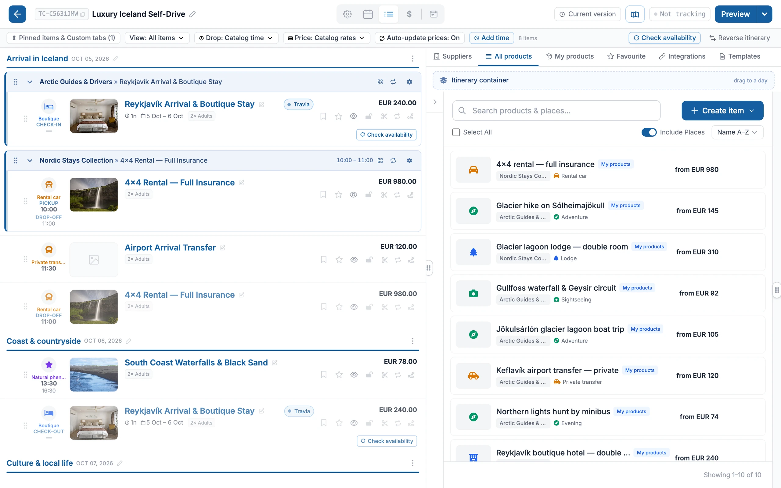 The TripCreator platform — the itinerary planner with a multi-day trip built day by day, products, timings and live pricing alongside the product catalog.