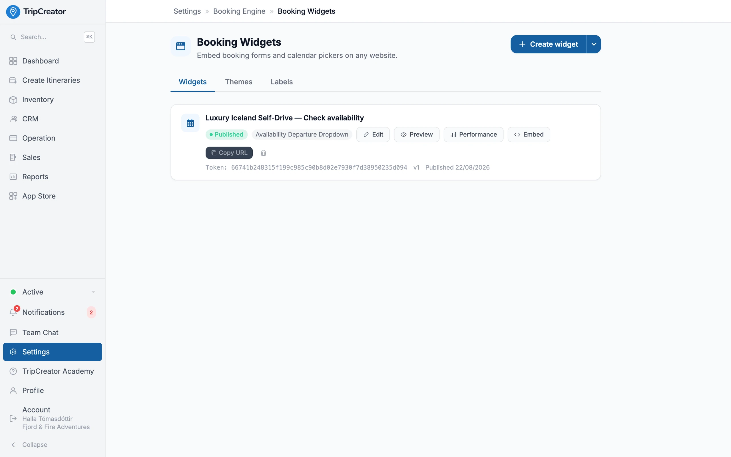 TripCreator booking widgets — a published availability widget with edit, preview, performance and one-line embed options.