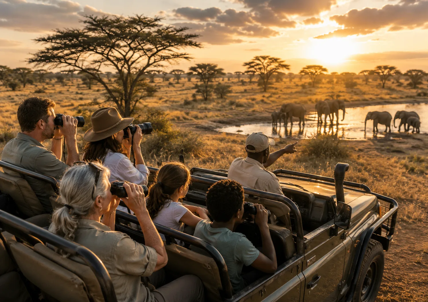 A family on safari watching elephants at sunset