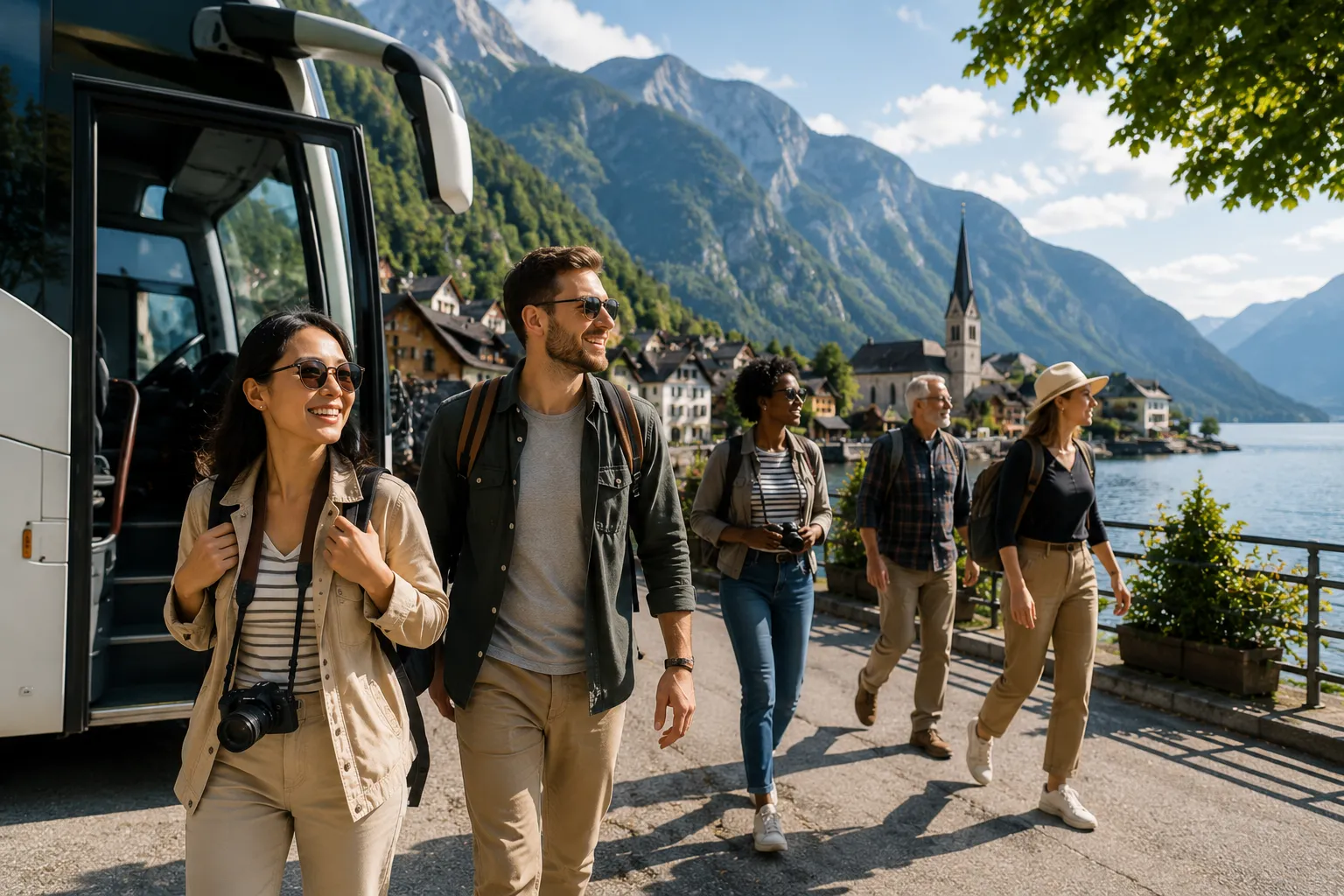 A tour group boarding a coach