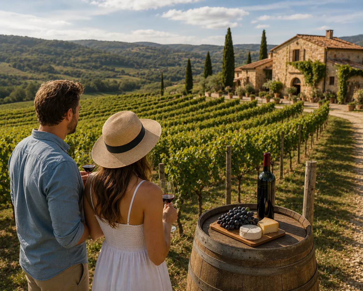 A couple wine tasting at a vineyard
